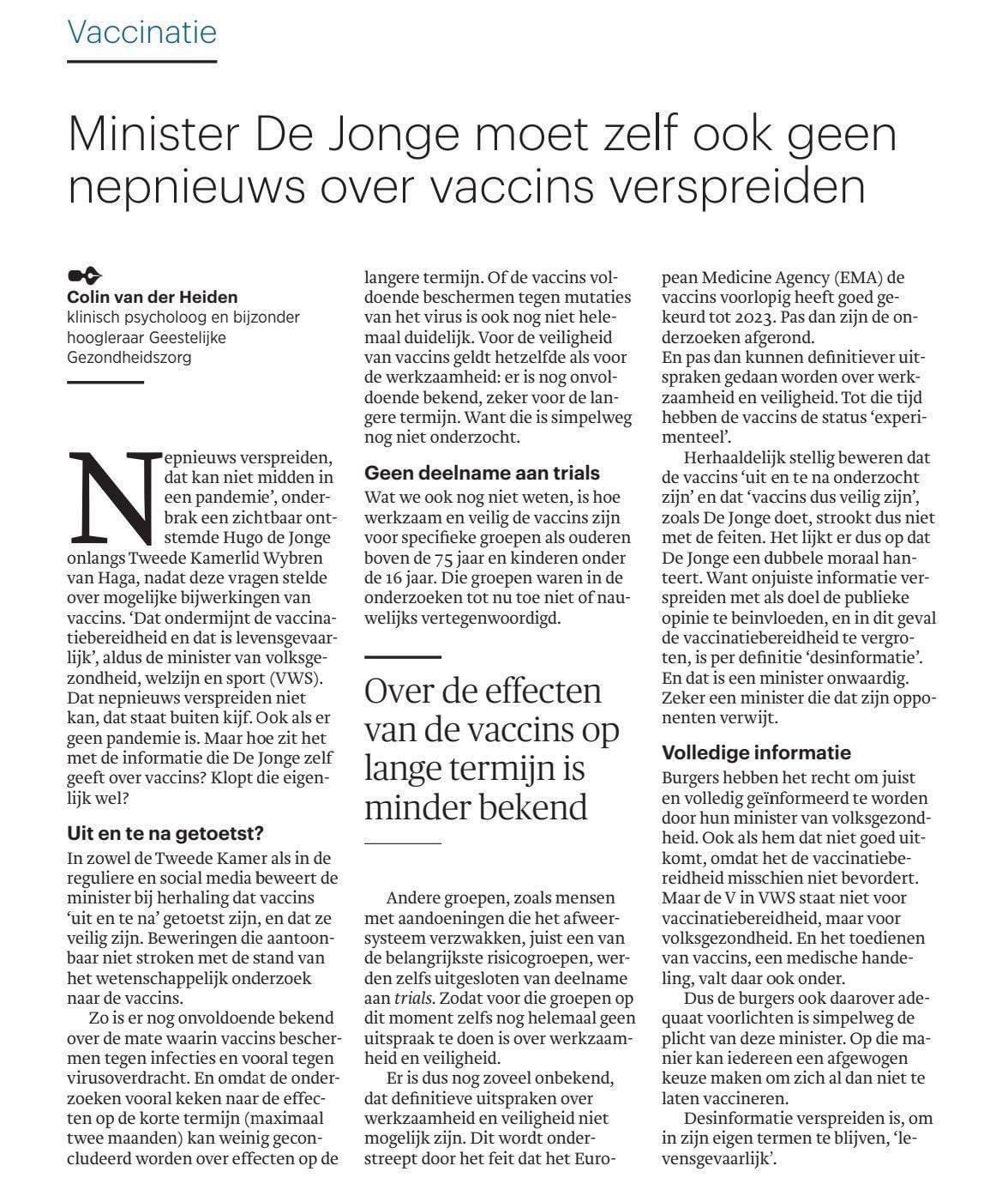 Hugo De Jonge Moet Zelf Ook Geen Nepnieuws Over Vaccins Verspreiden ...