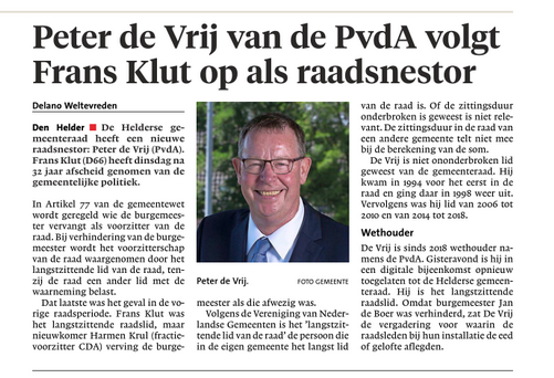 Delano Weltevreden – Peter De Vrij Van De PvdA Volgt Frans Klut Op Als ...