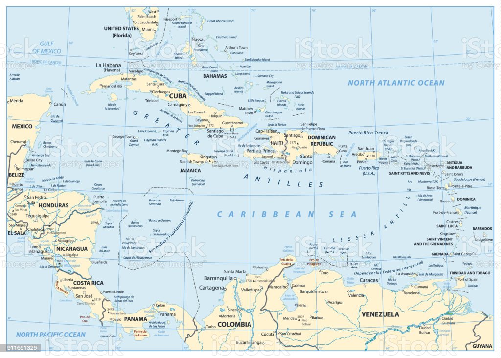 Map of The Caribbean . Highly detailed vector illustration. – Rob ...